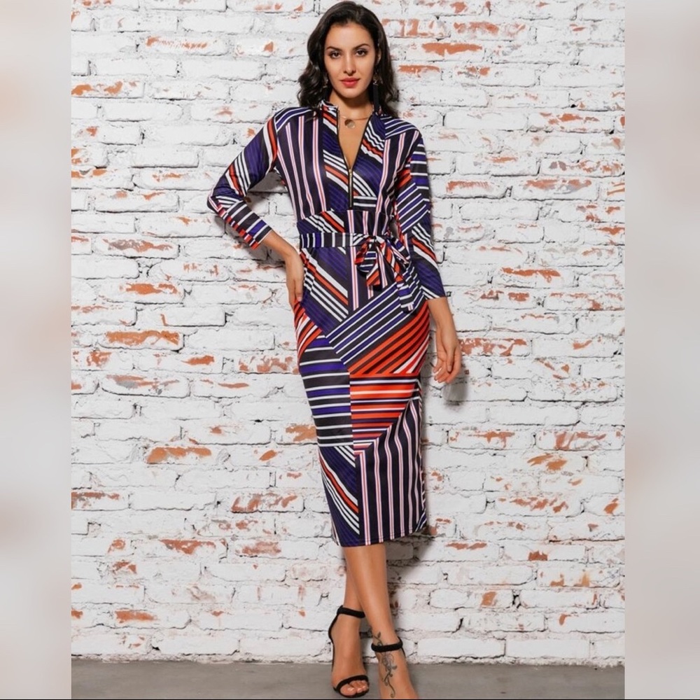 Glamaker Striped Patchwork Belted Dress